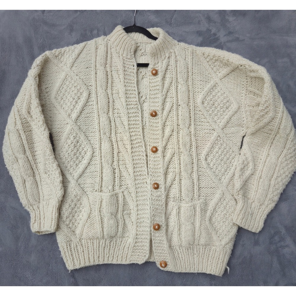 Handmade Unisex Chunky Cable Knit Cardigan Sweater Large Cream Wool Fisherman